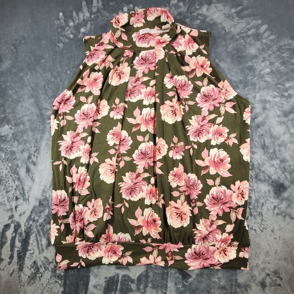 Perfect Peach Olive Pink Floral Mock Neck Sleeveless Blouse 2X PPT21098X